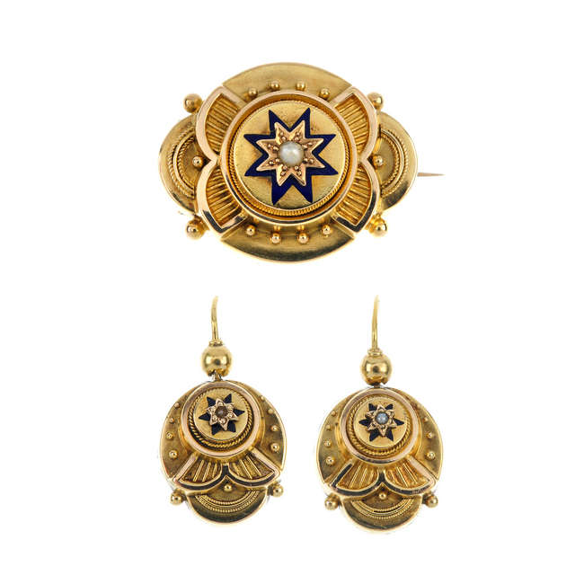 A set of late Victorian gold split pearl and enamel jewellery.