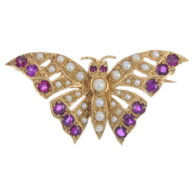 A 9ct gold split pearl and ruby butterfly brooch.