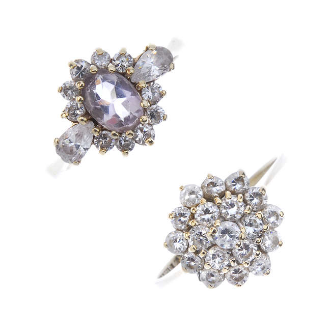 Two 9ct gold gem-set and paste cluster rings.