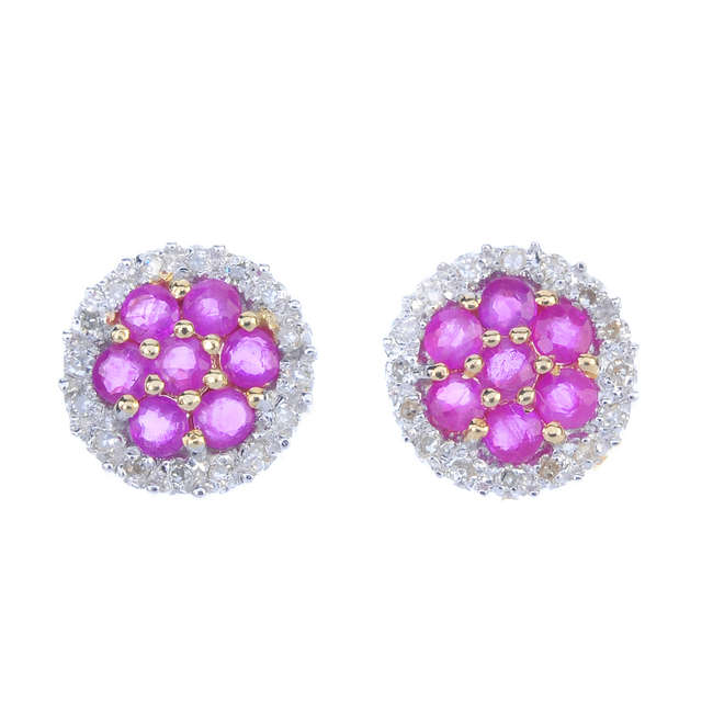 A pair of 9ct gold ruby and diamond cluster ear studs.