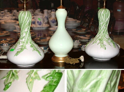 Pair of Glazed Earthenware Lamps Together with an Opaline Glass Lamp