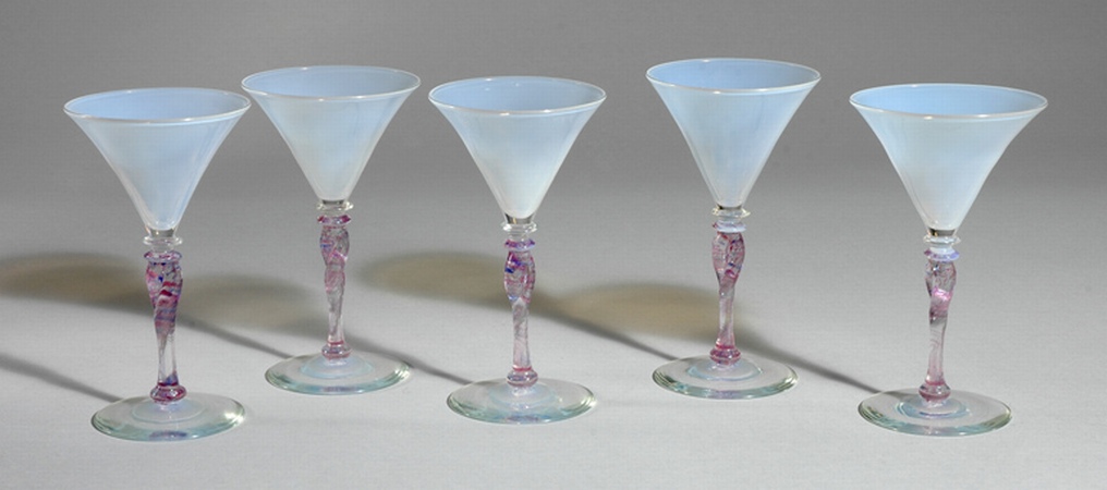 Set of Five Steuben Venetian Style Glass Goblets