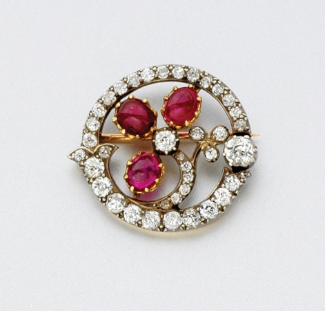 Antique Cabochon Ruby and Diamond Brooch