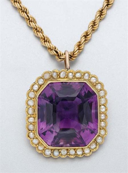 Amethyst and Split Pearl Pendant with Gold Chain