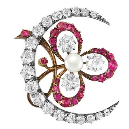 Antique Diamond, Ruby and Pearl Brooch