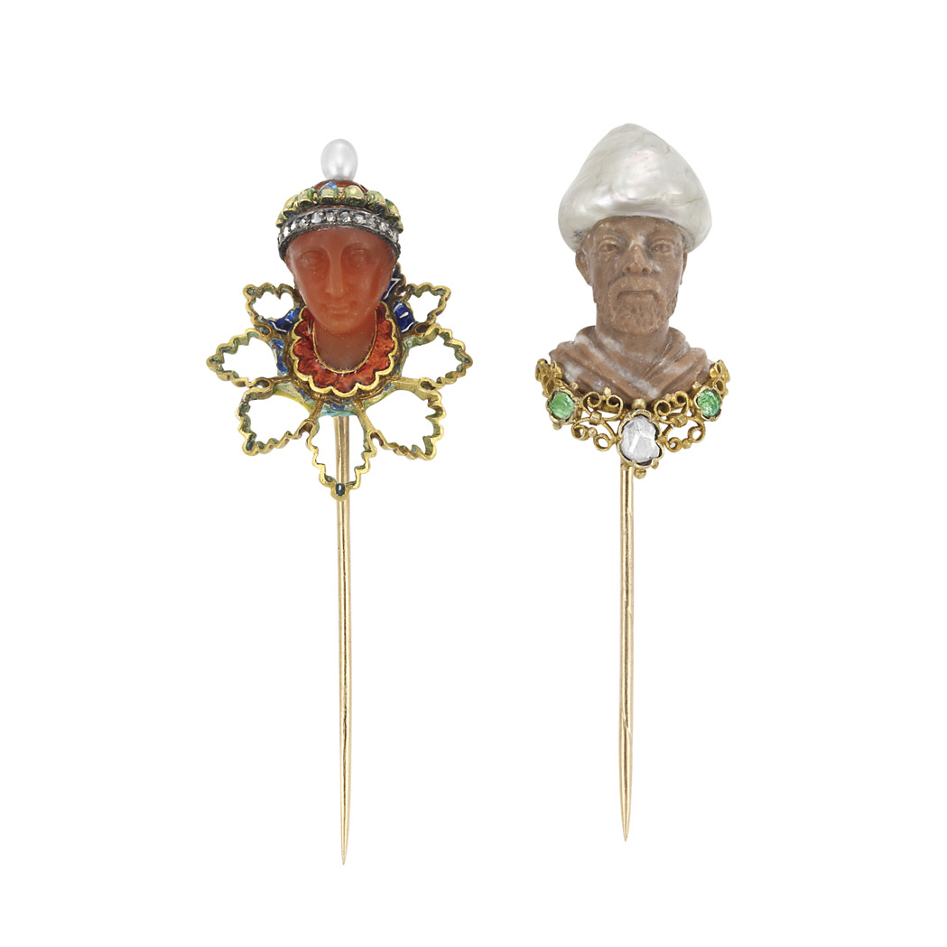 Two Antique Gold, Carved Hardstone and Pearl Stickpins