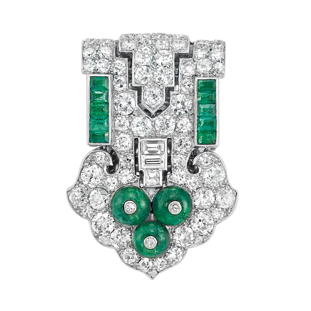 Art Deco Platinum, Diamond and Emerald Clip, Cartier