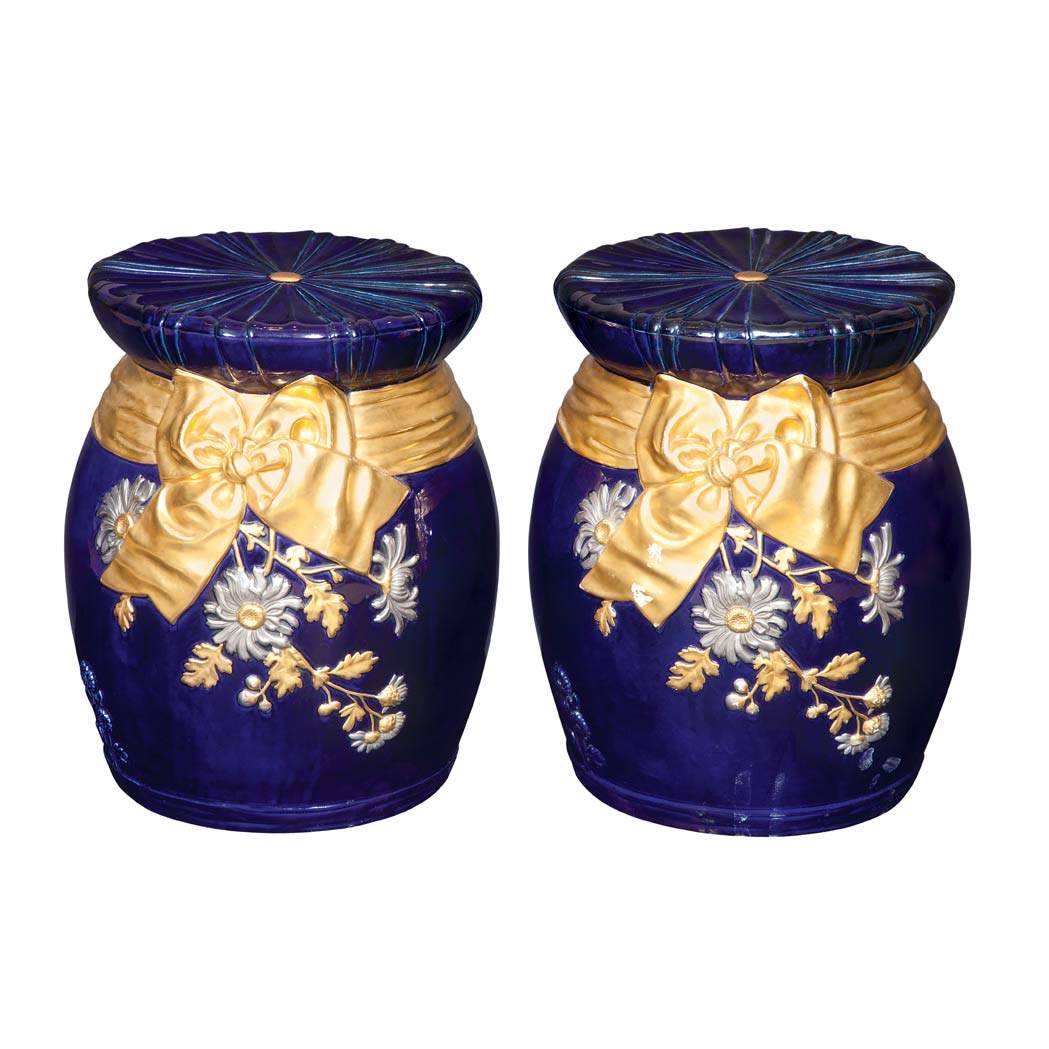 Pair of Mintons Gilt and Cobalt Glazed Ceramic Garden Seats