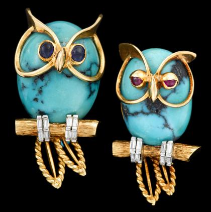 18 karat yellow gold turquoise and diamond 'owl' cufflinks, Cartier, 1950s