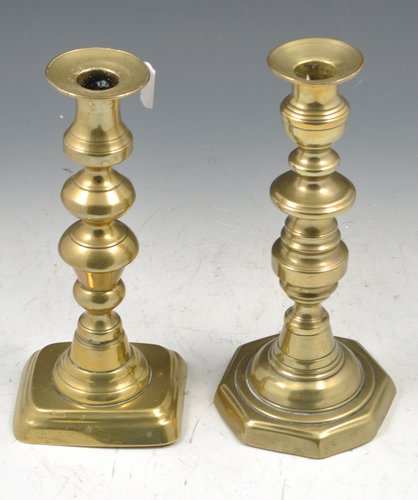 Pair of Victorian brass candlesticks another brass candlestick