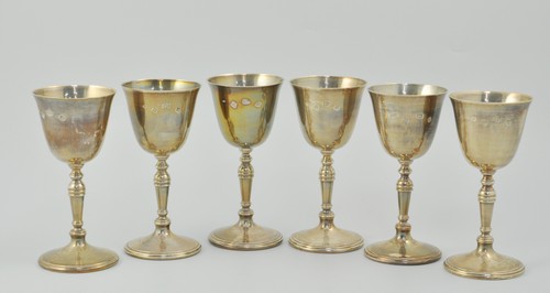 Set of six hallmarked silver wine goblets