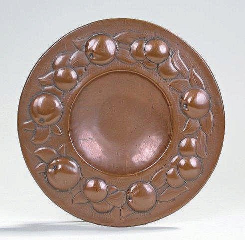 Newlyn School Arts and Crafts copper dish, decorat
