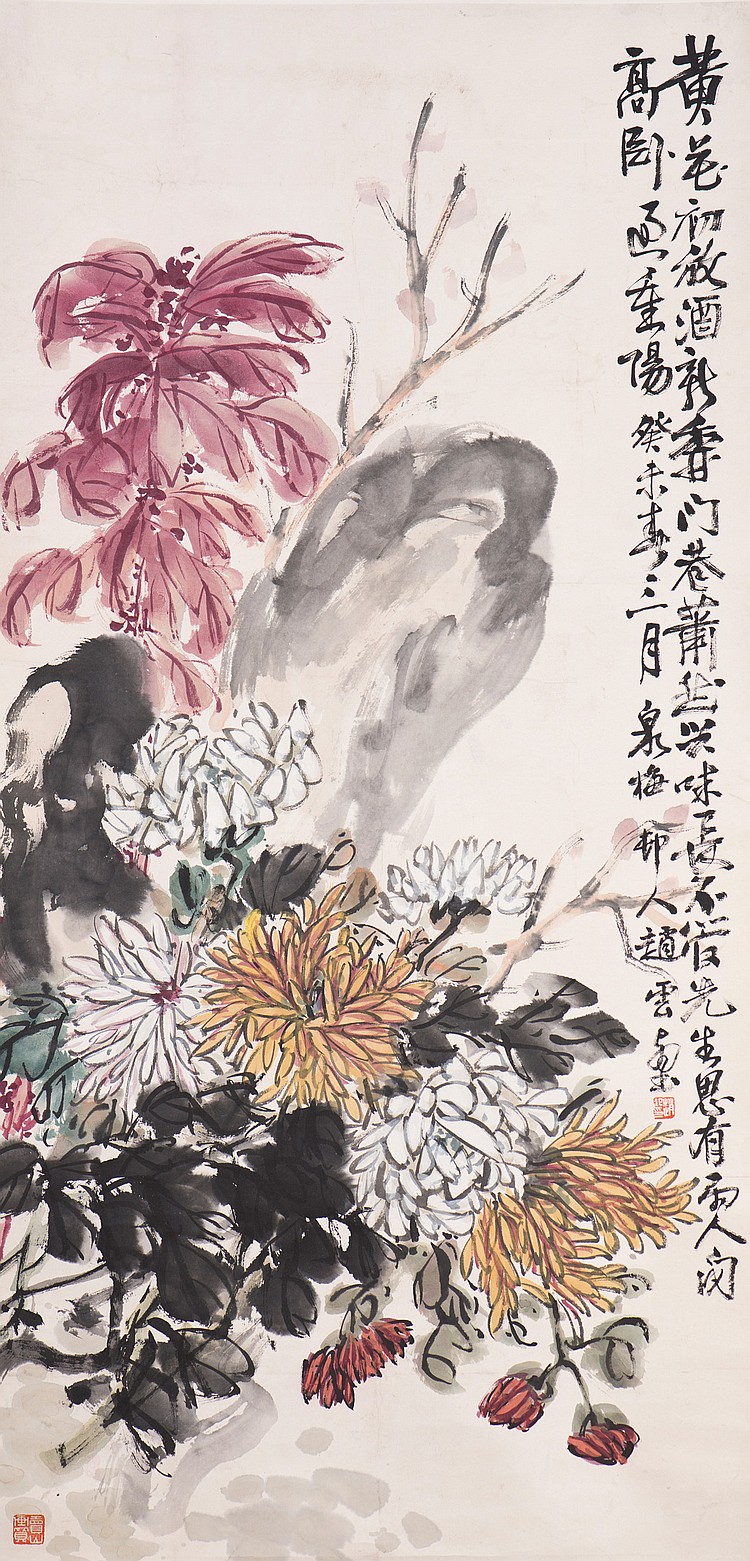A CHINESE SCROLL PAINTING OF CHRYSANTHEMUM