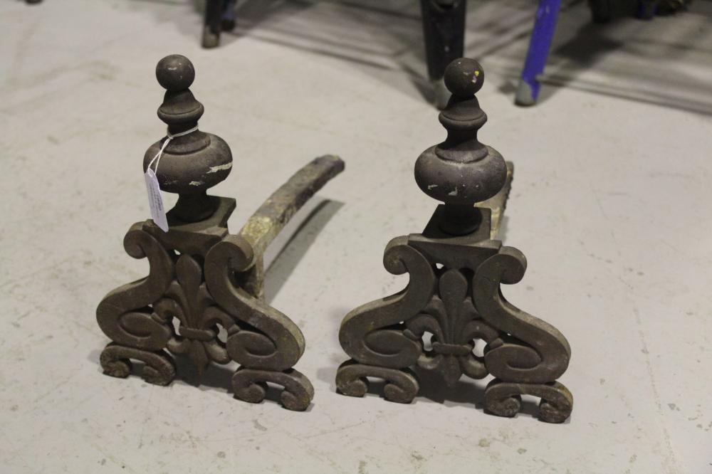 Pair of antique French andirons, each approx 27cm H x 29cm L (2)