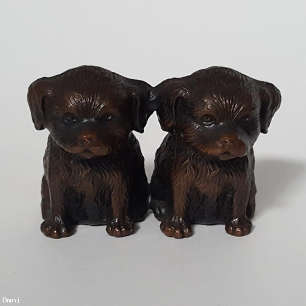Bronze two sitting DOG PUPPIES figurine statuette