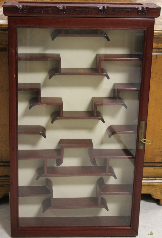 CHINESE HANGING TEAK CURIO SHELF W/ GLASS DOOR