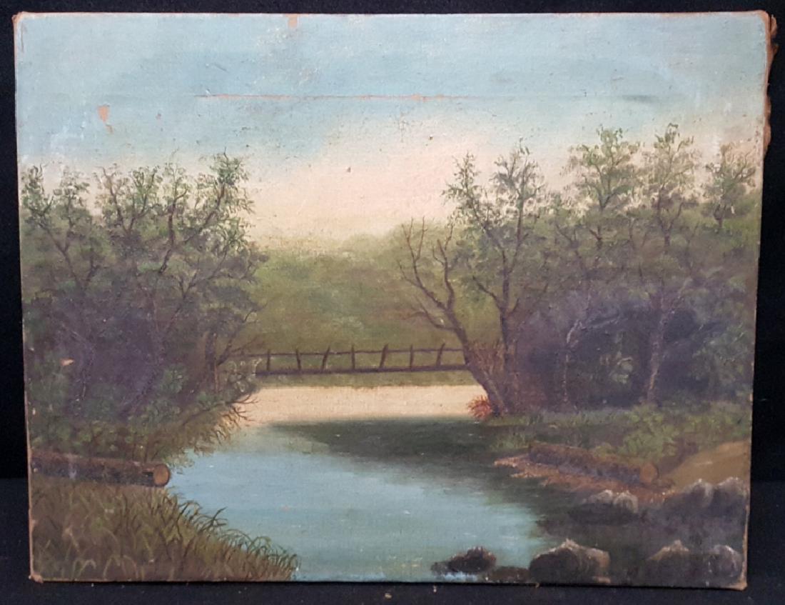 Antique Oil on Canvas "Bridge in the Forest"