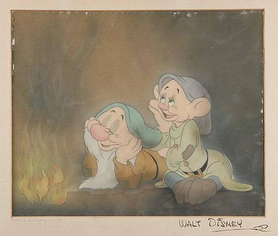 ORIGINAL WALT DISNEY ANIMATION CEL OF SNOW WHITE DWARFS BASHFUL AND DOPEY