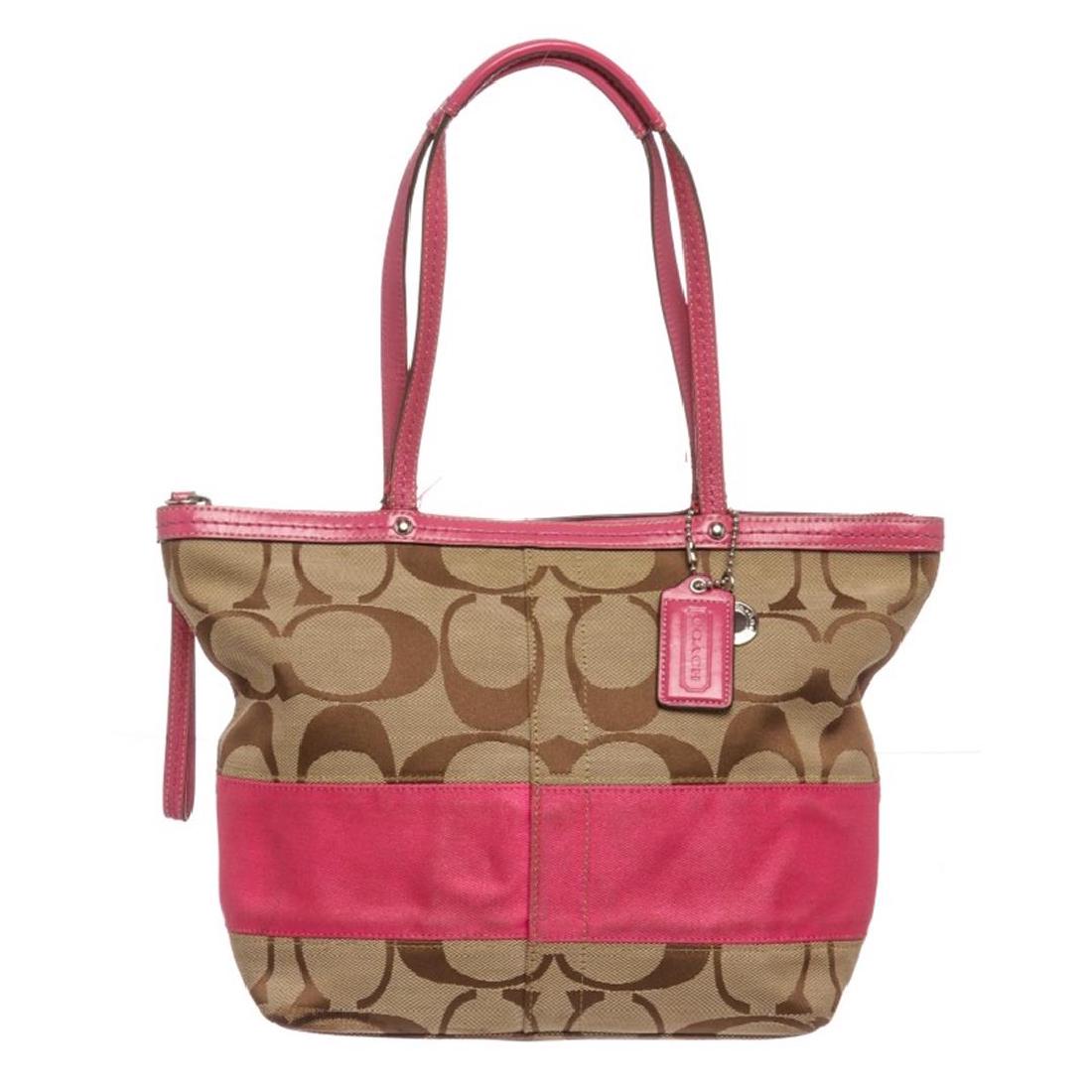 Coach Beige Pink Canvas Leather Monogram Tote Bag