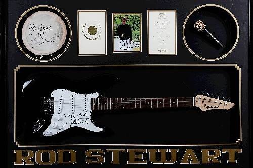 Rod Stewart Autographed Guitar / Photo Collage
