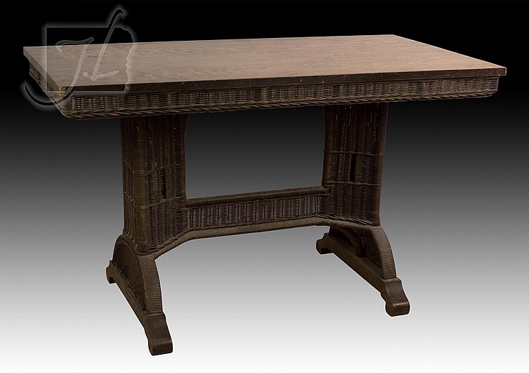 Heywood-Wakefield Wood Top Wicker Table