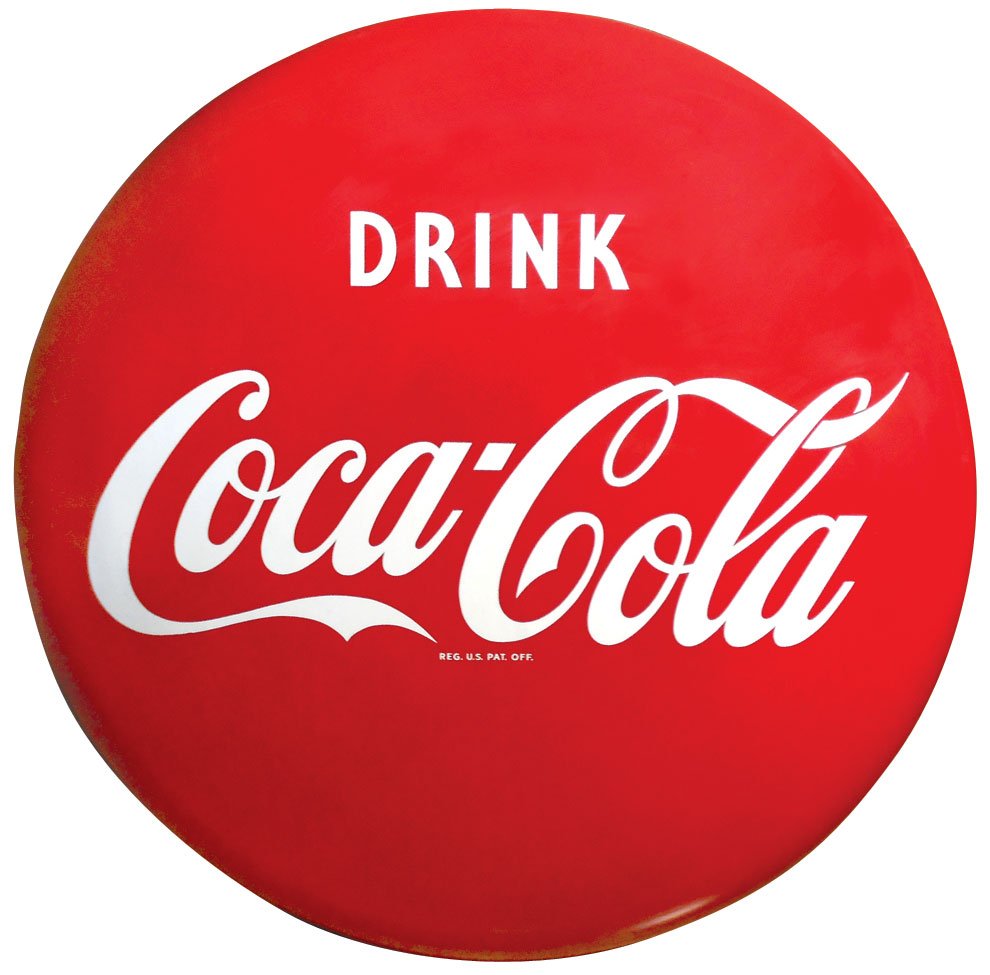 Coca-Cola button sign, "Drink Coca-Cola," enamel on