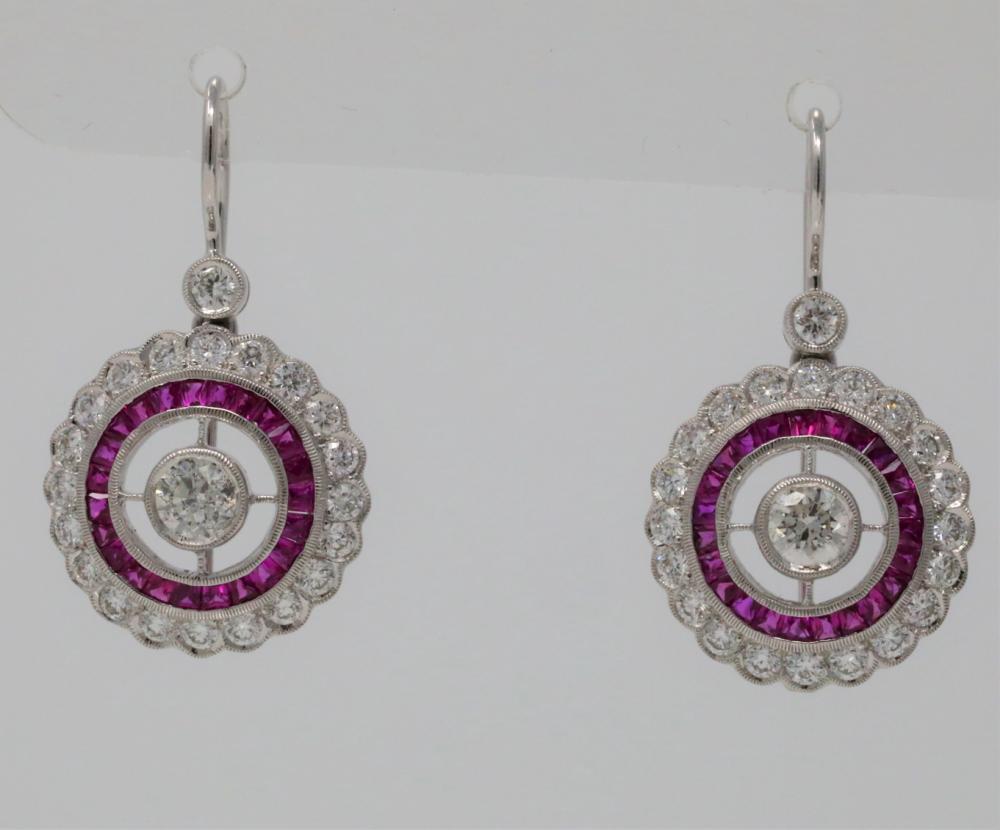 1.60ctw VS2-SI1/G-H Diamond, 1.40ctw Ruby & Solid 18K White Gold 1.25" Drop Earrings