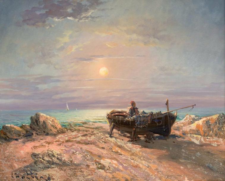 Ecole provençale du XIXème siècle Pêcheur au clair de lune