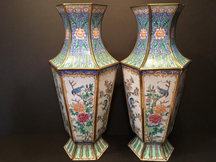 ANTIQUE Huge Pair Chinese Brass Enamel Vases
