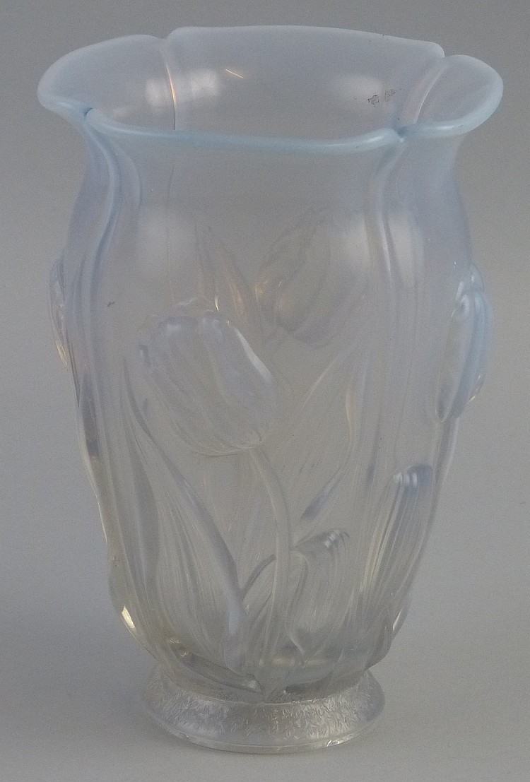 A French opalescent glass vase, of tapering quatrefoil form moulded with pa