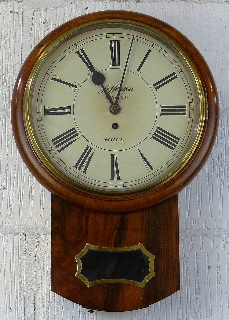 A 19th Century circular drop dial wall clock, with brass single fusee eight