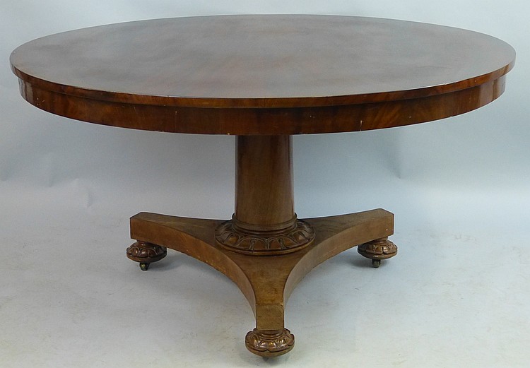 A Victorian walnut and mahogany breakfast table, having circular tilt top o