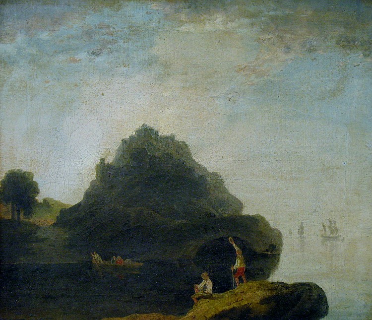 19th Century English School, landscape scene with two figures on a rock one