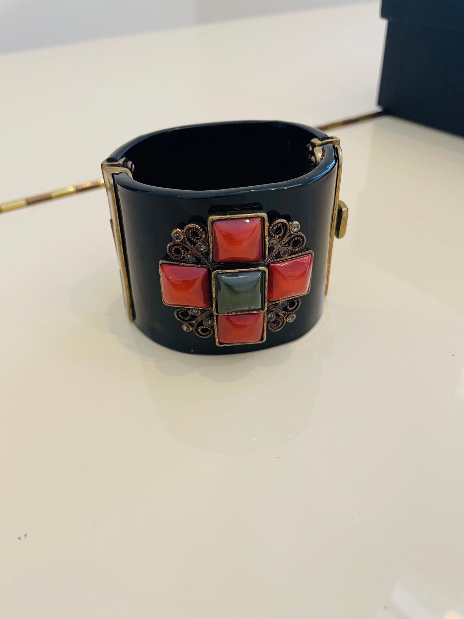 Chanel black resin cuff, with color stones