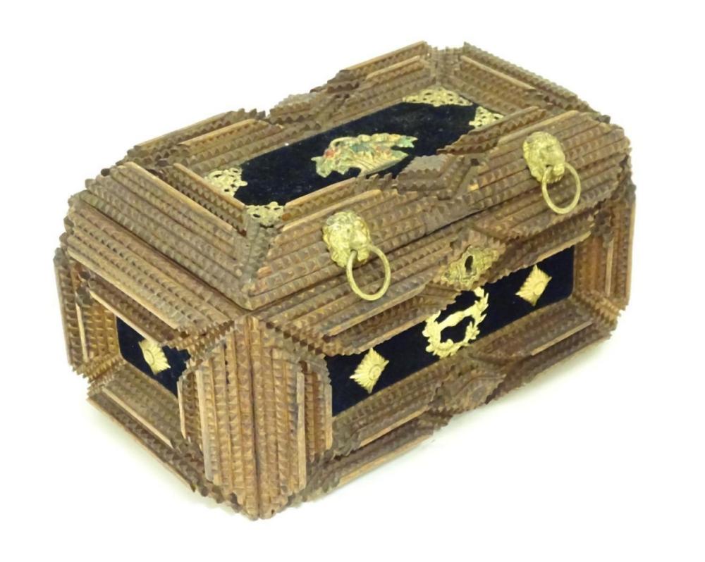 A 19th / 20thC tramp / folk art box with applied velvet and decorative mounts. Approx. 4 1/2" high x