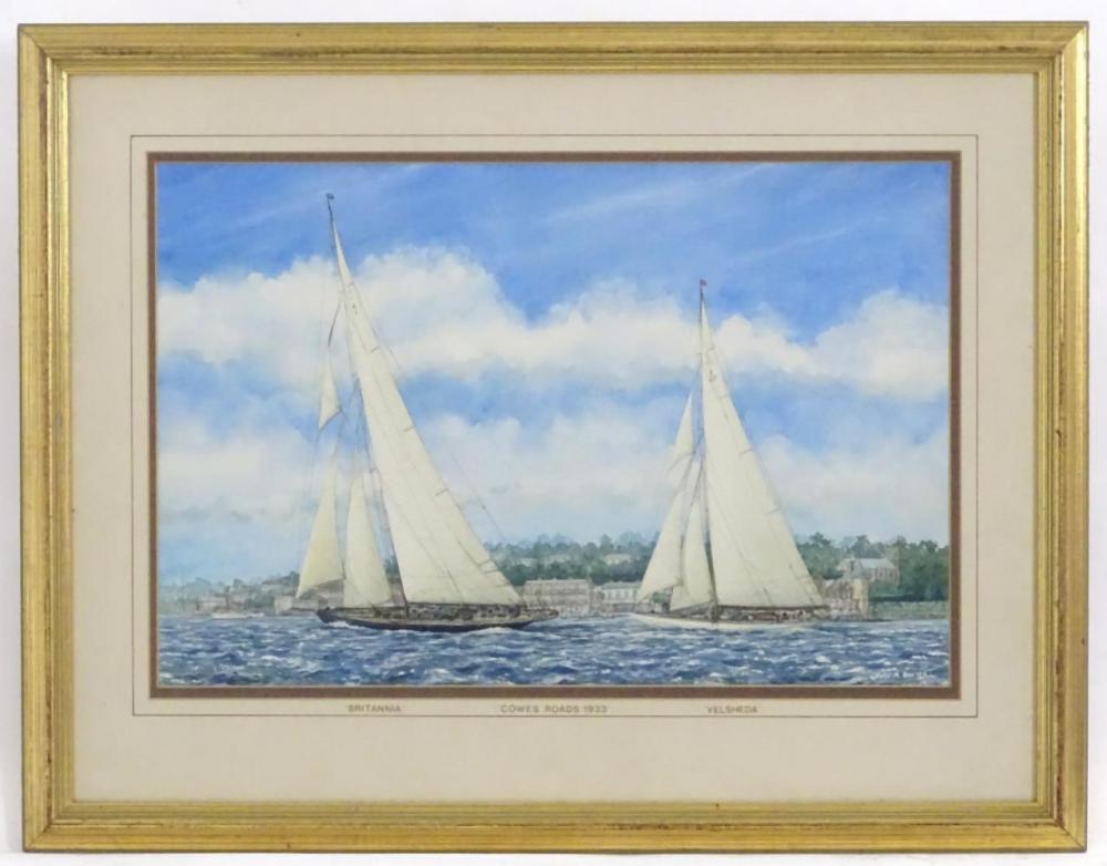 Colin M. Baxter, 20th century, Watercolour, Cowes Roads 1933, with the yachts Britannia and Valsheda