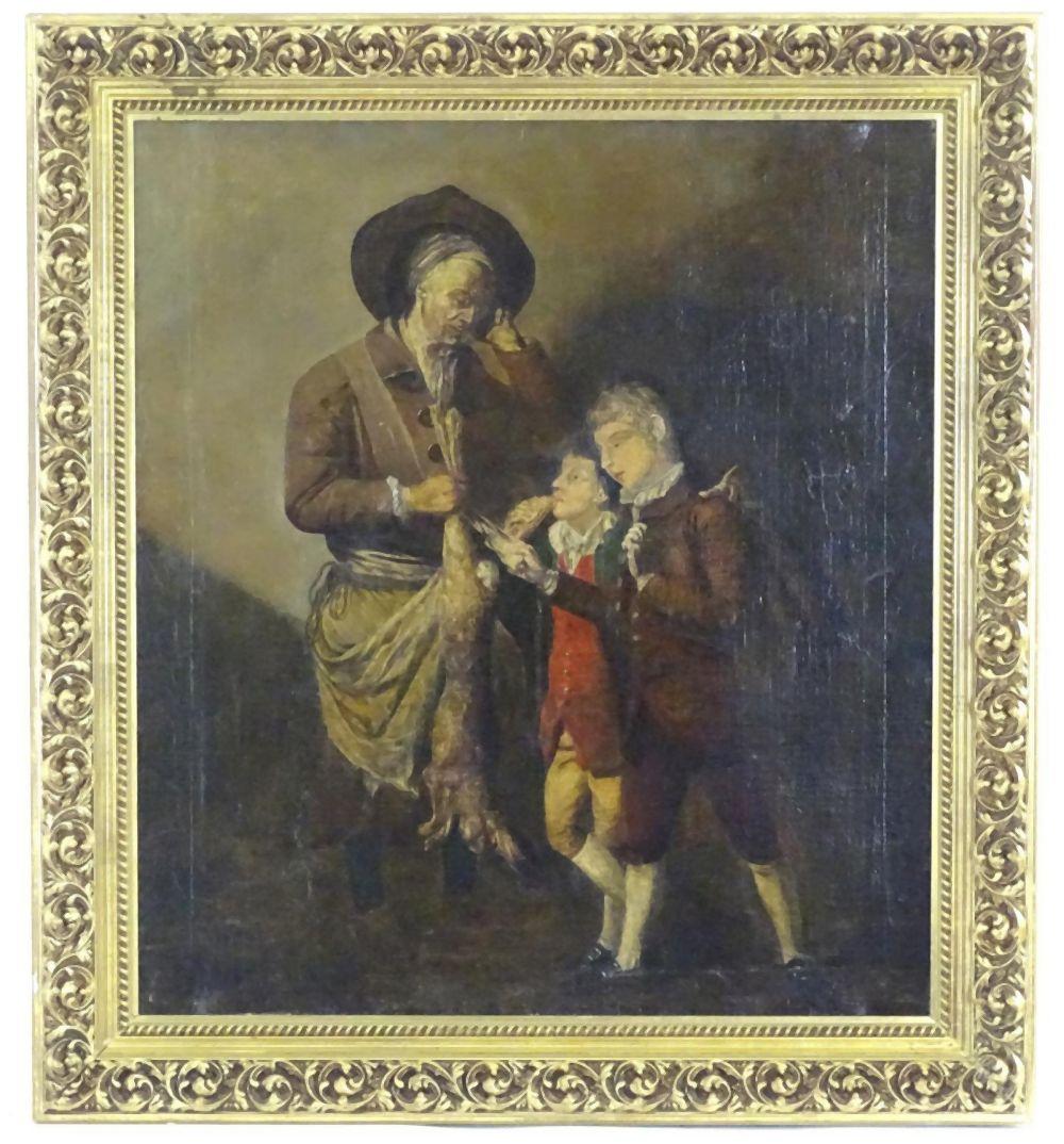 19th century, Continental School, Oil on canvas, A chef / cook showing a dead hare / game to two you