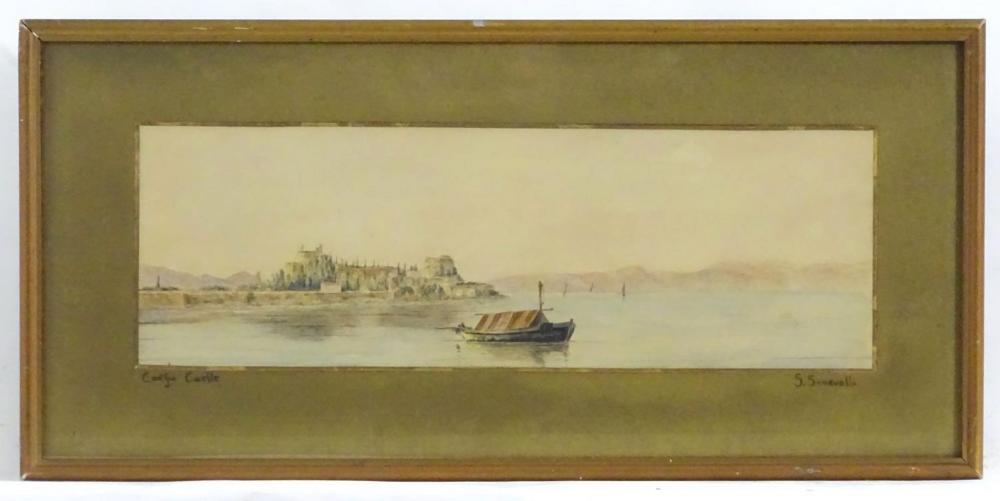 S. Scarvelli, Watercolour, The island of Corfu with a view of the castle. Ascribed to mount. Approx.