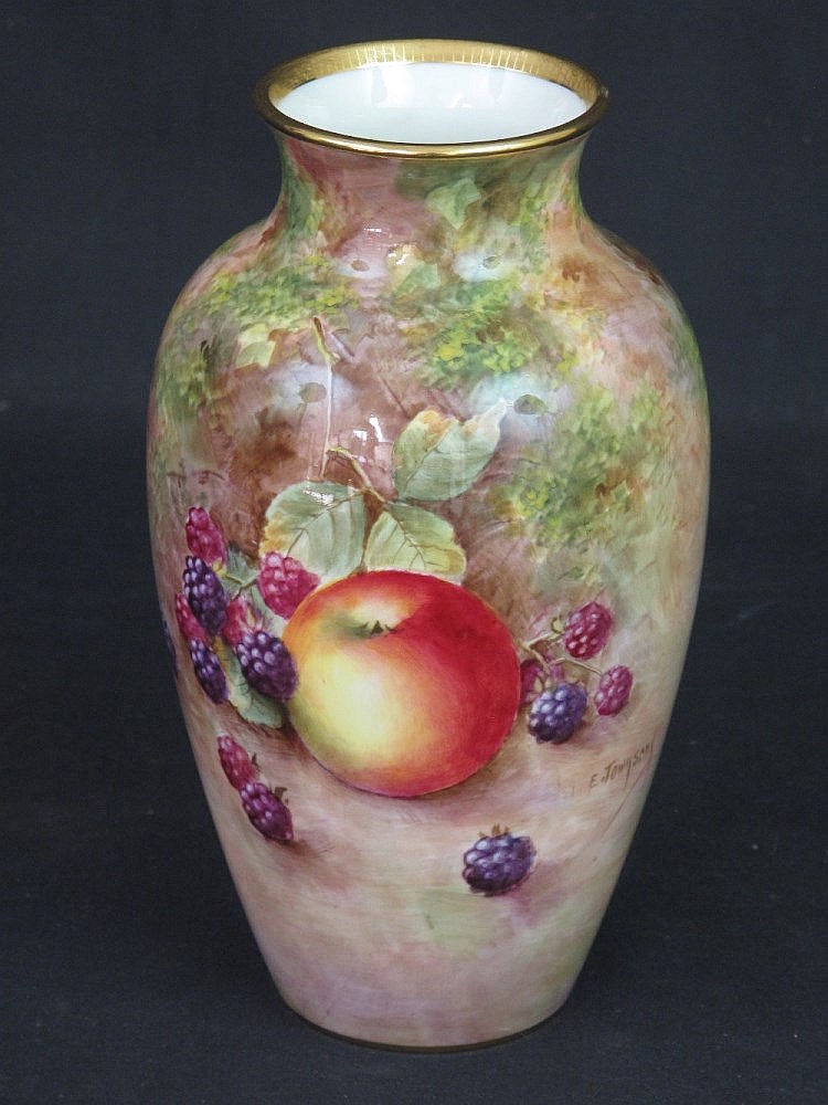 ROYAL WORCESTER BONE CHINA BALUSTER VASE, hand-painted with fruit and