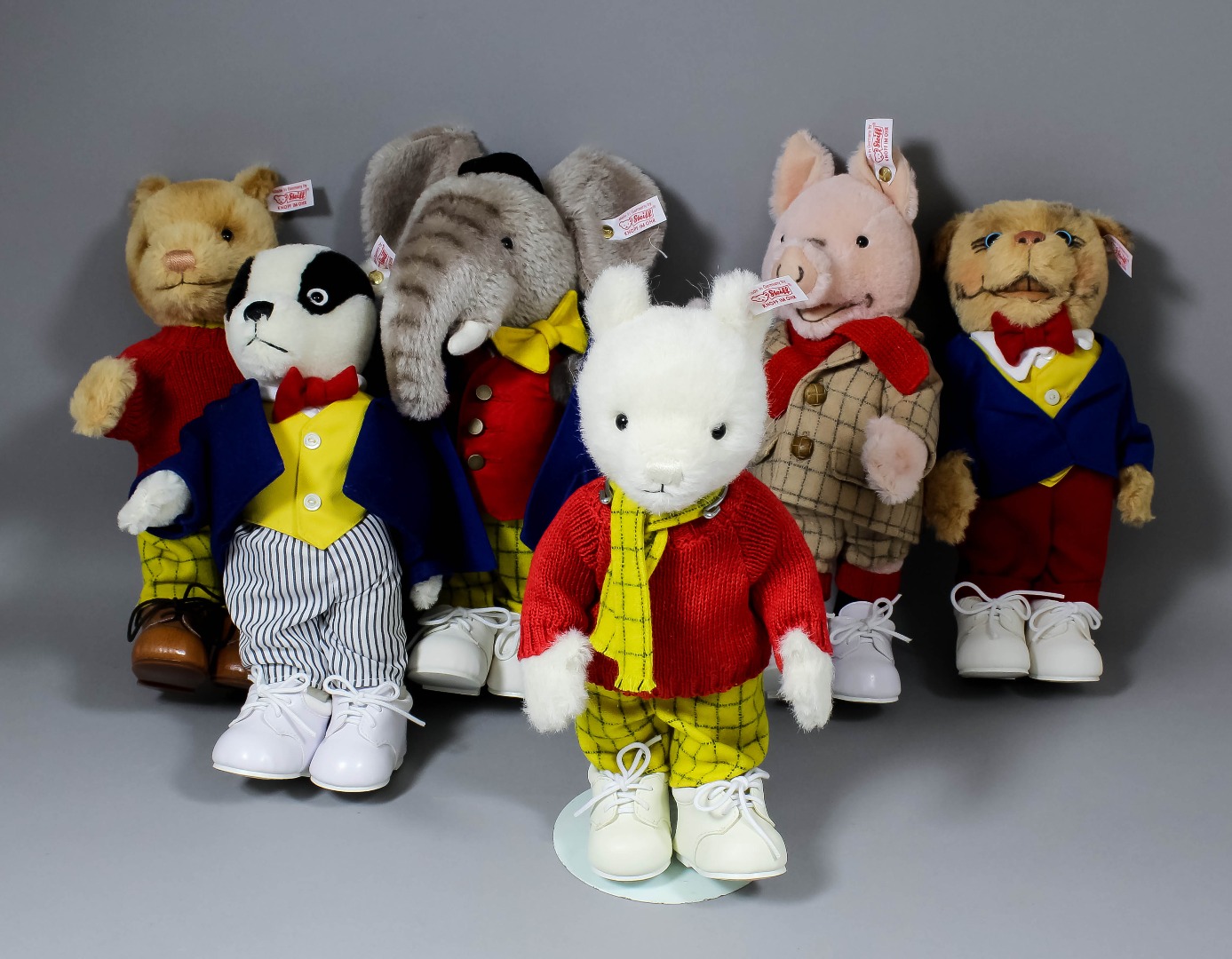 Six modern Steiff limited edition Rupert Bear and his friends plush dolls