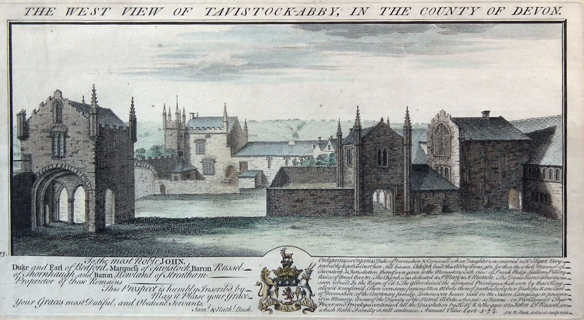 Samuel & Nathaniel Buck - Coloured engraving - 'The West View of Tavistock