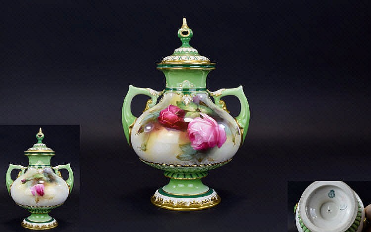 Royal Worcester Hadleys Hand painted Persian Style Twin Handle Lidded Vase