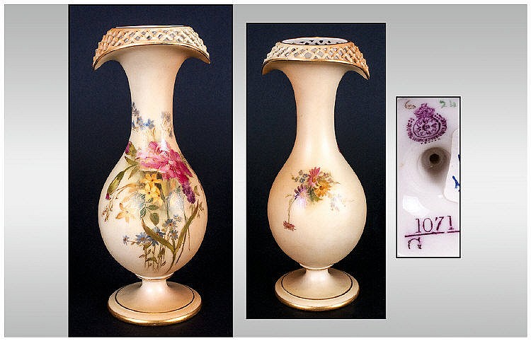 Royal Worcester Unusual Shaped Hand Painted Blush Ivory Vase