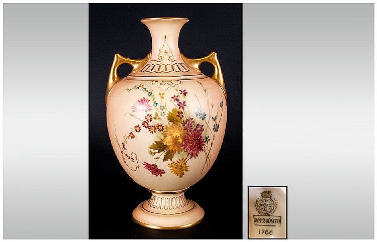 Royal Worcester Hand Painted Blush Ivory Two Handled Vase