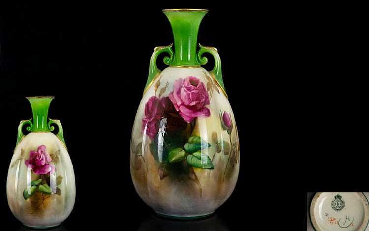Royal Worcester / Hadleys Hand Painted Twin Handle Vase...