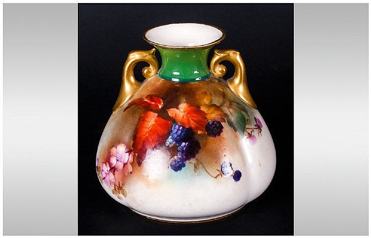 Royal Worcester Hand Painted Two Handle Small Vase ' Blackberries ' Design.