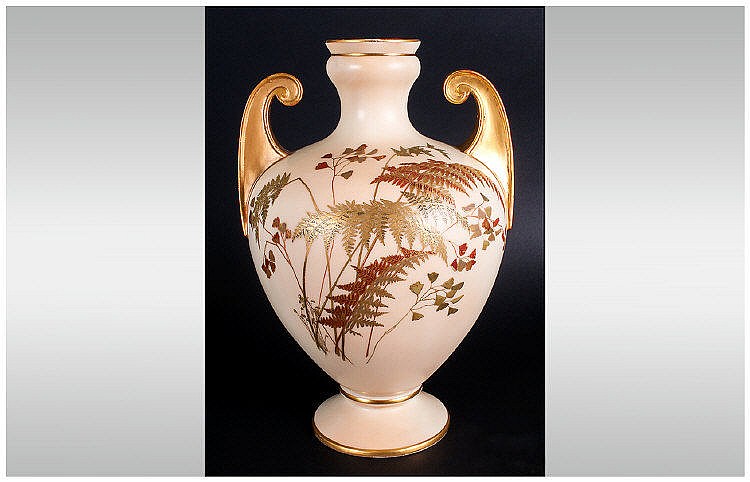 Royal Worcester Hand Painted Blush Ivory Two Handle Vase