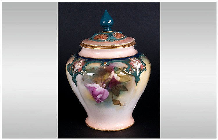 Royal Worcester Hand Painted Lidded Vase ' Roses ' Date 1913
