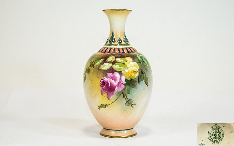 Royal Worcester Hand Painted Small Vase ' Roses '