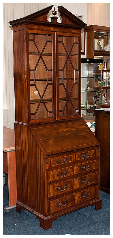A Reproduction Mahogany Inlaid Georgian Style Bureau Bookcase of small size